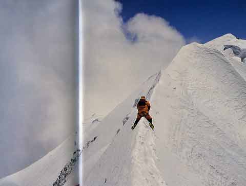 
Veikka Gustafsson on the knife-edge ridge to Shishapangma Main Summit April 30, 2001 - Himalayan Quest Ed Viesturs on the 8,000-Meter Giants book
